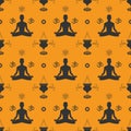 Yoga and Ayurveda seamless pattern on saffron colour background. Ayurvedic textile wrapping paper design.