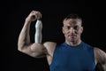 Yoghurt bottle with healthy drink at man with muscular body Royalty Free Stock Photo