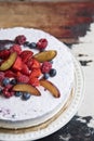 Yoghurt cake with berries on a vintage plate on the background of an old table Royalty Free Stock Photo