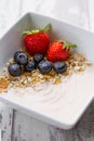 Yoghurt with cereals and fresh fruits Royalty Free Stock Photo