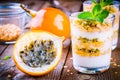 Yoghurt granola parfait with passion fruit sauce and mint Royalty Free Stock Photo