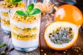 Yoghurt granola parfait with passion fruit sauce and mint Royalty Free Stock Photo