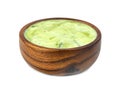 Yoghurt mix green tea flavor powder with nata de coco dutchie in wooden bowl isolated on white background