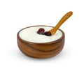 Yoghurt with mulberries fruit in wooden bowl isolated on white background ,include clipping path