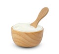 Yoghurt with nata de coco dutche in wooden bowl and spoon isolated on white background ,include clipping path
