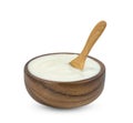 Yoghurt with nata de coco dutche in wooden bowl and spoon isolated on white background ,include clipping path