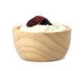 Yoghurt with nata de coco dutchie and mulberries fruit in wooden bowl isolated on white background