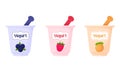 Yoghurts in a cup with a spoon. Blueberry, raspberry, peach, yogurt, dairy product, healthy food. Flat, cartoon style