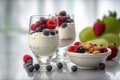 Yoghurts with fruit on a white table. Healthy breakfast. Proper nutrition. Healthy food. Generative AI technology Royalty Free Stock Photo