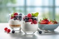 Yoghurts with fruit on a white table. Healthy breakfast. Proper nutrition. Healthy food. Generative AI technology