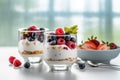 Yoghurts with fruit on a white table. Healthy breakfast. Proper nutrition. Healthy food. Generative AI technology Royalty Free Stock Photo