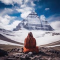 Yogi Baba practising puja in front of Kailash parvat. Poster design for wallpaper.Generative Ai