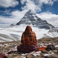 Yogi Baba practising puja in front of Kailash parvat. Poster design for wallpaper.Generative Ai