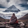 Yogi Baba practising puja in front of Kailash parvat. Poster design for wallpaper.Generative Ai