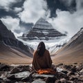 Yogi Baba practising puja in front of Kailash parvat. Poster design for wallpaper.Generative Ai