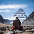 Yogi Baba practising puja in front of Kailash parvat. Poster design for wallpaper.Generative Ai