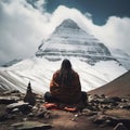 Yogi Baba practising puja in front of Kailash parvat. Poster design for wallpaper.Generative Ai