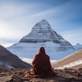 Yogi Baba practising puja in front of Kailash parvat. Poster design for wallpaper.Generative Ai