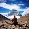 Yogi Baba practising puja in front of Kailash parvat. Poster design for wallpaper.Generative Ai