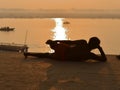 Yogi in India in the city of Varanasi, the embankment of the Ganges 2016 Royalty Free Stock Photo