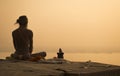 Yogi in India in the city of Varanasi, the embankment of the Ganges 2016 Royalty Free Stock Photo