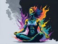 Yogi woman meditating with legs crossed concentrated, Chakras energy visualization in vivid watercolor style vector Ai Generated Royalty Free Stock Photo