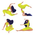Yogi women figures SET in different yoga poses and asana. Sport design template for poster, brochure, booklet. Isolated