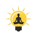 Meditating man and light bulb icon. Flat style. Spiritual Enlightenment.
