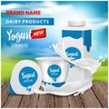 Yogurt ads, Square plastic bottle and round pot with yogurt splash , 3d vector illustration for web or magazine. Vector