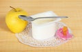 Yogurt, apple and pacifier Royalty Free Stock Photo