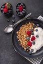 Yogurt with baked granola and berries in black ceramic plate on dark stone background. Healthy breakfast. Vertical photo Royalty Free Stock Photo