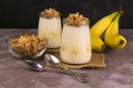 Yogurt with banana and granola on a gray table. The concept of healthy and delicious desserts.