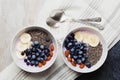 Yogurt with berries, banana, almonds and Chia seeds, bowl of healthy Breakfast every morning, vintage style, superfood and detox Royalty Free Stock Photo