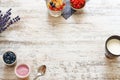 Yogurt, berries and cup of milk on a wooden table Royalty Free Stock Photo