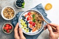 Yogurt bowl with fresh fruits, berries and granola. Vegetarian food