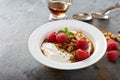 Yogurt bowl with raspberry and maple syrup Royalty Free Stock Photo