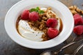 Yogurt bowl with raspberry and maple syrup Royalty Free Stock Photo
