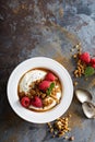 Yogurt bowl with raspberry and maple syrup Royalty Free Stock Photo