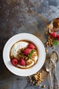 Yogurt bowl with raspberry and maple syrup Royalty Free Stock Photo