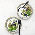 Yogurt for breakfast with fresh blueberries, gooseberries, sunflower seeds and pumpkin. Top View. Royalty Free Stock Photo