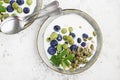 Yogurt for breakfast with fresh blueberries, gooseberries, sunflower seeds and pumpkin. Top View. Royalty Free Stock Photo