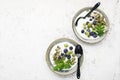 Yogurt for breakfast with fresh blueberries, gooseberries, sunflower seeds and pumpkin. Top View. Royalty Free Stock Photo