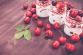 Yogurt with Cherry and strawberries, square.