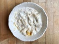 Yogurt with Corn Bread Pieces in Bowl / Traditional Cornbread Yoghurt