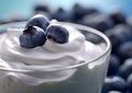 Yogurt dessert in glass bowl with fresh raw ripe blueberries.Macro.AI Generative