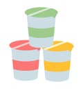 Yogurt with different flavors in colored plastic cups with lid