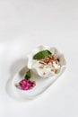 Yogurt with flax and sunflower seeds in a white porcelain bowl and a small pink flower on a white background, with space