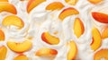 Yogurt and fresh peaches, background. Top view. Generative AI Royalty Free Stock Photo