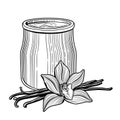 Yogurt in a glass jar. The flower of vanilla. Healthy, natural delicious Breakfast. Vector illustration.