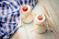 Yogurt glass, with strawberries, top view